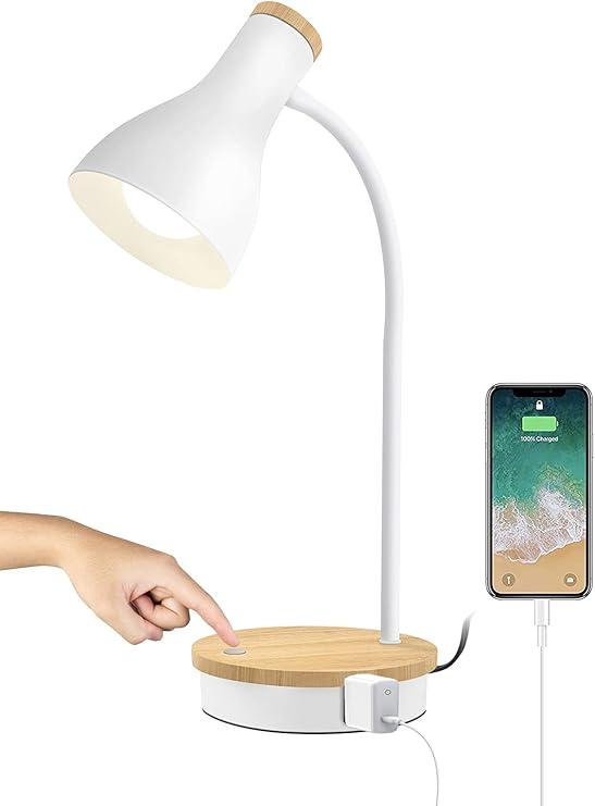 Metal Desk Lamp Table Lamp Reading Lights Arc Desk Lamps for Bedroom, Wood Base Bedside Lamp with Flexible Gooseneck for Study Room and Office (Wood Base+White)