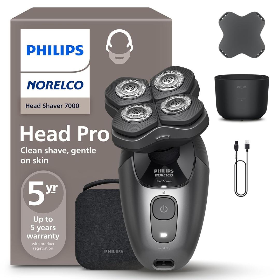Philips Norelco Head Shaver Pro 7000 Series - Electric Shaver for Men and Women, 360 Flexing Head & ComfortCut Blades for Clean Shave, Gentle on Skin, Model HS7980/40 (Series 7000 +QCP, Travel Pouch, Black)