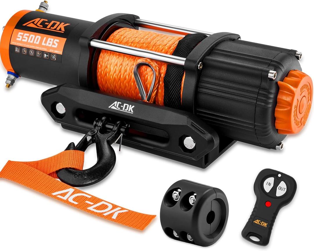 AC-DK 5500 lb ATV/UTV Winch Synthetic Rope Kits, 12V Winch with Wireless Remote for Off Road Trailer Boat RV Towing Winches, Waterproof Winch with Mounting Plate and Wired Remote