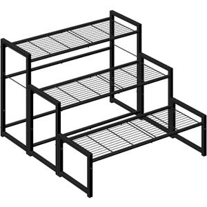 Simple Trending 3 Tier Metal Plant Stand Outdoor Indoor Waterproof, Stackable Heavy Duty Tall Plant Shelf Flower Pot Holder for Garden, Display Rack, Black