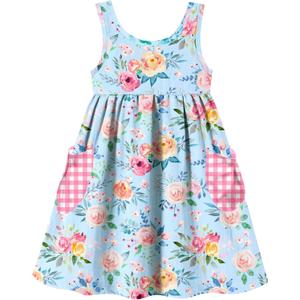 Vieille Little Girls Sleeveless Dress Cute Summer Sundress with Pocket 2-7 Years (Blue)