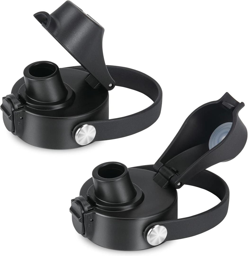 Auto Spout Lid for HydroFlask Wide Mouth Sport Water Bottles, Replacement Lid for Hydro Flask Wide Mouth 12, 16, 18, 32, 40, 64oz, Chug Lid with Flexible Handle, Button Lock, Black