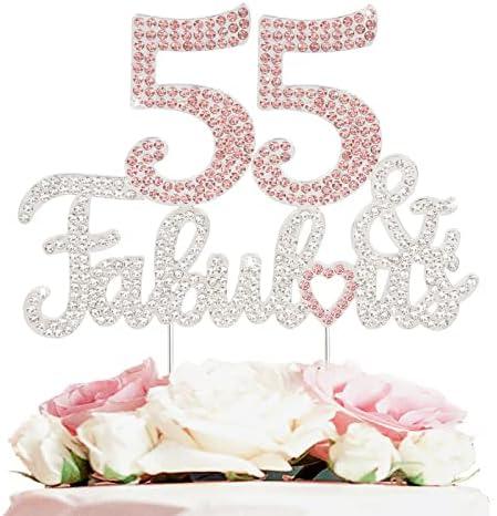 LASKYER 55 & Fabulous Silver Pink Rhinestone Cake Topper - Happy 55th Birthday Cheers to 55 Years Old Bday Party Metal Sparkly Food Centerpieces Topper Decorations Keepsake.