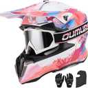 Adult ATV Dirt Bike Helmet with Goggles Gloves & Mask Adjustable Sun Visor Motorcycle Adult Helmet Off-Road Motocross Downhill Moped MX for Unisex-Adult (Medium, Pink Splash)