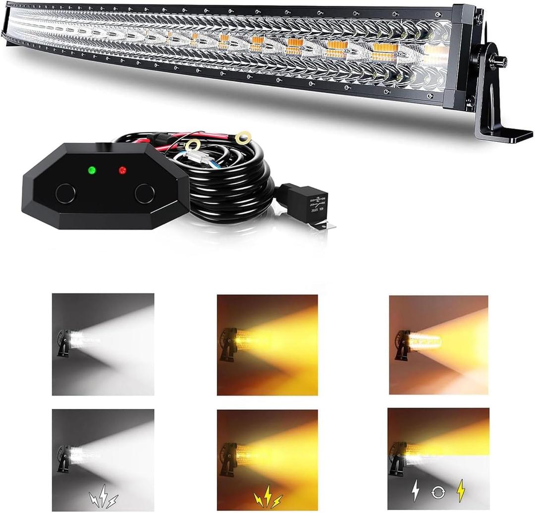 ASLONG 52 Inch 300W Curved LED Light Bar White/Amber Flasing Strobe with Six Modes Spot Flood Combo Offroad Driving Light, 1pcs Wiring Harness Switch for Pickup Offroad Truck 4WD SUV ATV UTV