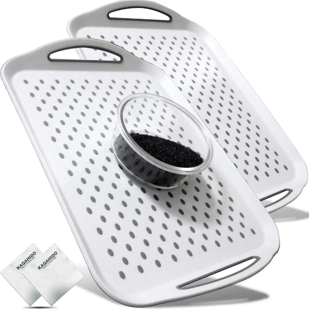 Large Non Slip Serving Tray with Handles, Silicone Gripping Nubs Lap Food Trays for Eating, Dishwasher Safe Serve for Dinner Snack Fruit Dessert Breakfast Beverage, Rectangular, Set of 2, White