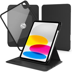 CACOE 360 Rotating Case for iPad (A16) 11th/10th Generation with Pencil Holder 2025/2022 11/10.9 inch, Shockproof Cover for iPad 11/10 Gen with Stand, Black