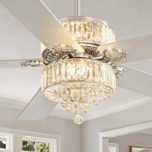 60 Inch Crystal Fandelier Ceiling Fan with Light, Brushed Nickel Modern Ceiling Fans with 6 Speeds, Quiet Reversible DC Motor, 3CCT, Chandelier Ceiling Fan with Remote Control for Living Room Bedroom