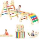 Pikler Triangle Set, Montessori Climbing Set, Baby Climbing Playset Toys Indoor, Jungle Gyms for Toddlers Ages 1-4, Toddler Climbing Playground (Rainbow-Nature)