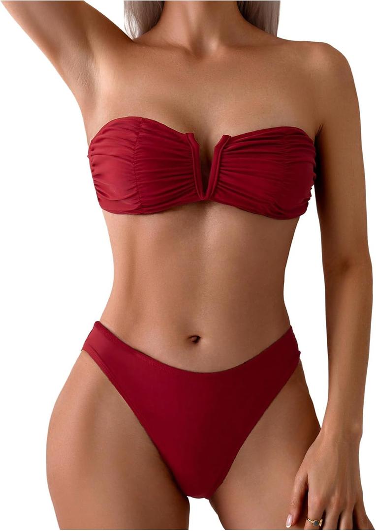 SHENHE Women's Strapless Bikini Swimsuits 2 Piece Ruched V Wire Bandeau Bikini Sets Bathing Suits (Red, S)