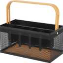 AJIODA Utensil Caddy Metal Mesh Silverware Cutlery Organizer Basket with Bamboo Handle, Multi-Purpose Steel Wire Caddy 6 Compartment Flatware Basket for Kitchen, Countertop, Picnic, Restaurant, Black