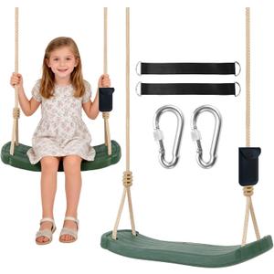 Kids Tree Swing Seat with Tree Straps and Carabiners, Heavy Duty Ergonomic Straight Swing Set for Backyard, Indoor & Outdoor Rope Swing, 264 lbsGreen