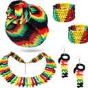 Yinkin 5 Pcs Jamaica Women's African Headband Jewelry Earrings Multicolor Beaded Jamaican Bracelet Headwraps Set Beaded Set Stretch Headband Halloween for Women