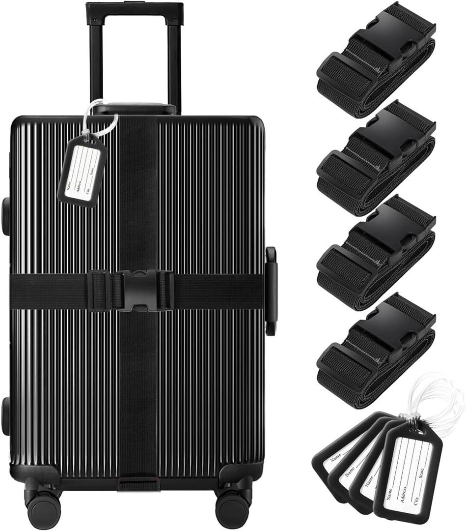 8 Pack Luggage Straps and Tags Set (4 Straps, 4 Tags), Luggage Straps for Suitcases TSA Approved Suitcase Belt Luggage Tags, Black
