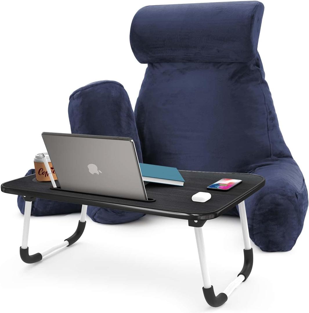 Nestl Reading Pillow with Portable Laptop Lap Desk - Shredded Memory Foam Back Support Pillow for Sitting Up in Bed and Couch Rest Pillows with Arms, Bed Tray Table with Foldable Legs, Navy (Large)