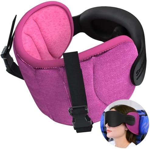 SARISUN Travel Pillows for Airplanes, Airplane Pillow for Long Flight, Airplane Head Strap with Eye Mask for Sleep, Travel Neck Pillow for Car Road Trip, 360° Support Headrest, Stop Bobblehead, Pink