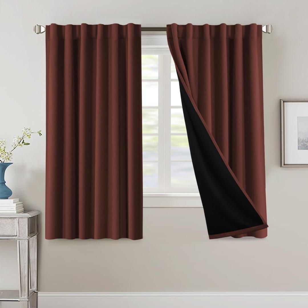 H.VERSAILTEX 100% Blackout Curtains for Bedroom with Black Liner Full Room Darkening Curtain 63 Inch Long Thermal Insulated Back Tab/Rod Pocket Window Drapes for Living Room, 2 Panels, Rust