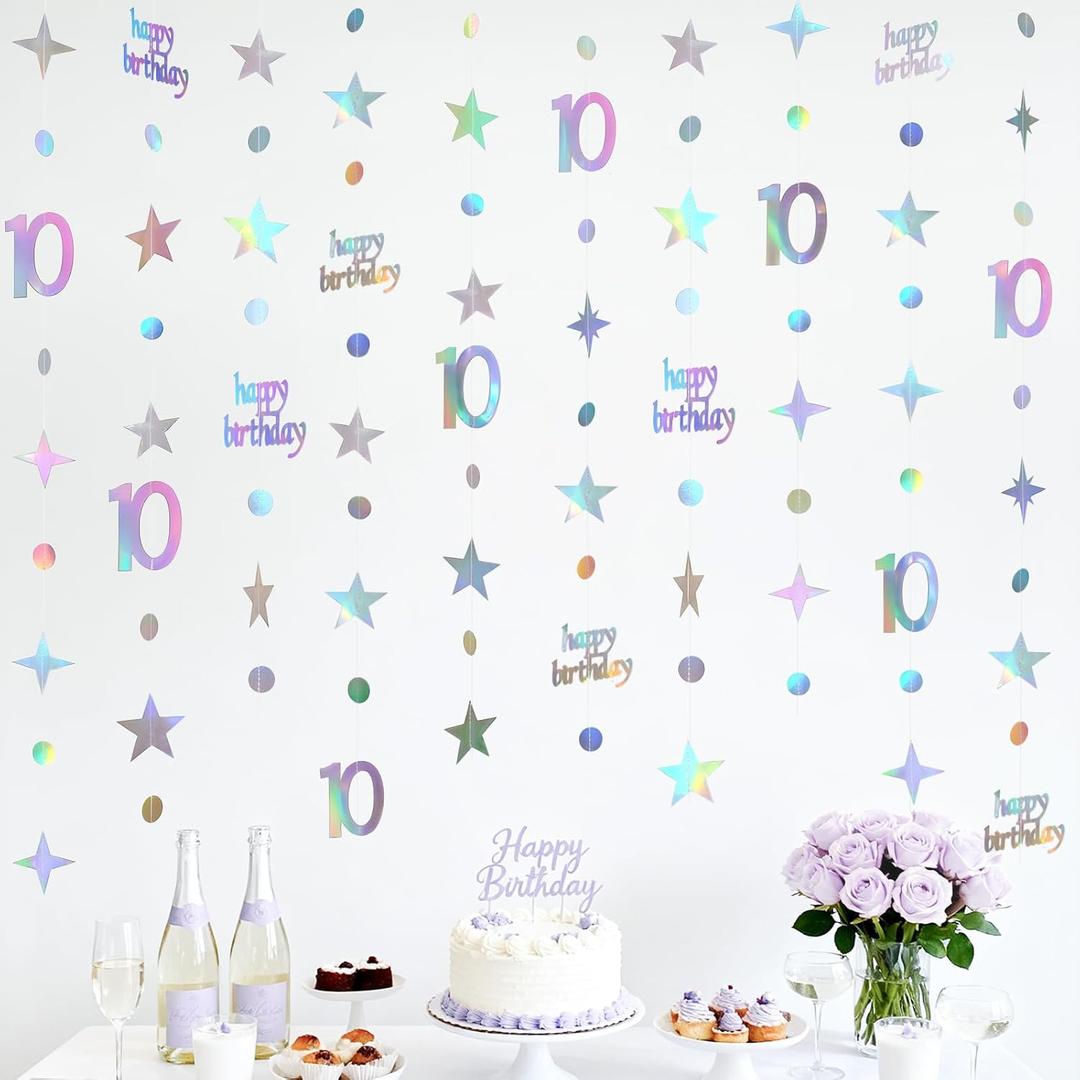 GCQQ 10th Birthday Decorations - 46FT Iridescent 10 year old Circle Dot Twinkle Star Garland 10th Birthday Metallic Holographic Streamer Banner Backdrop for Girls Boys Teen Kids Birthday Party Decor