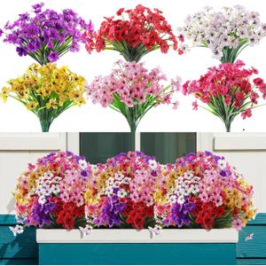 24 Bundles Artificial Flowers for Outdoor,No Fade Fake Plastic Flowers Faux Plants for Decoration Hanging Planters Indoor Outside Garden Porch Window Box Home Wedding Farmhouse (Mix 6 Colors)