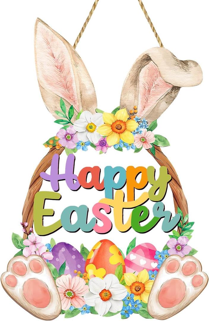 2 x Easter Decoration Bunny Door Sign Wooden Easter Wreath for Front Door Happy Easter Spring Decoration Cute Rabbit Design Flower Egg Welcome Hanging for Home Wall Decor Party Outdoor indoor Supply