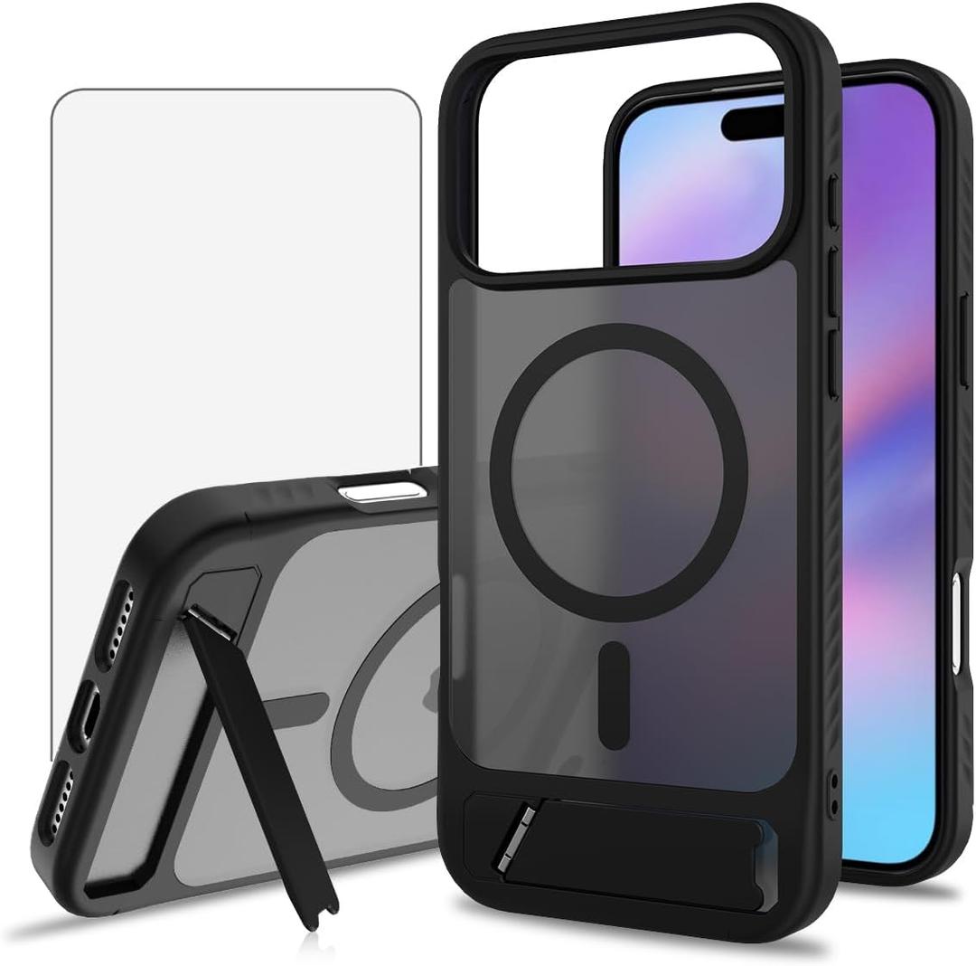 Asuwish Phone Case for iPhone 17 Pro Max 6.9 inch, Compatible with Magsafe Magnetic, Tempered Glass Screen Protector, Stand Shockproof Protective Cell Cover i Phone17 17Pro i17 ProMax 17ProMax Black