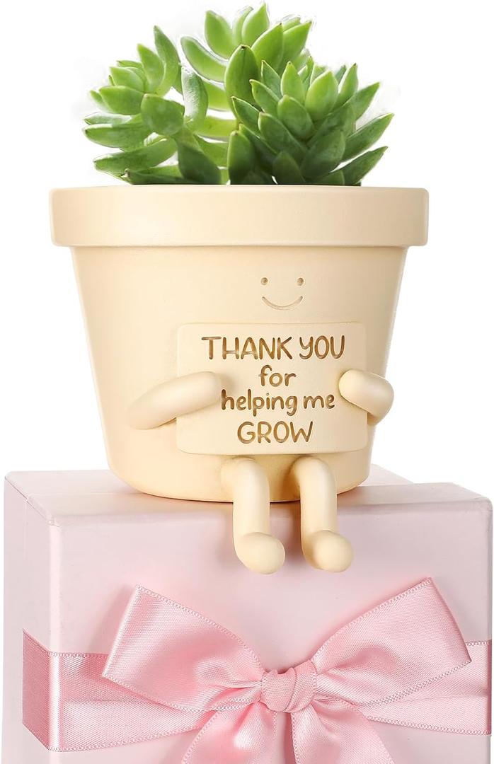 Briwooody Sitting Pot,Cute Planter Pot 3.9 Inch Funny Planter with Drainage,Thank You for Help me Grown Succulent Pots for Plant Lover Gift Fun Teacher Appreciation Gift