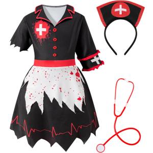 bakjuno Kids Girl's Halloween Scary Zombie Nurse Costume Skirt Bloody Horror Nurse Outfit With Accessories (7-8 Years, Black)