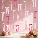 Charouse 40Pcs Pink Bow Wall Decor, 5 Sizes DIY Bow Photo Backdrop Ribbon Bows Garland, Pink Bows Party Decor for Birthday Baby Shower Bachelorette Wedding Room Bedroom Decor