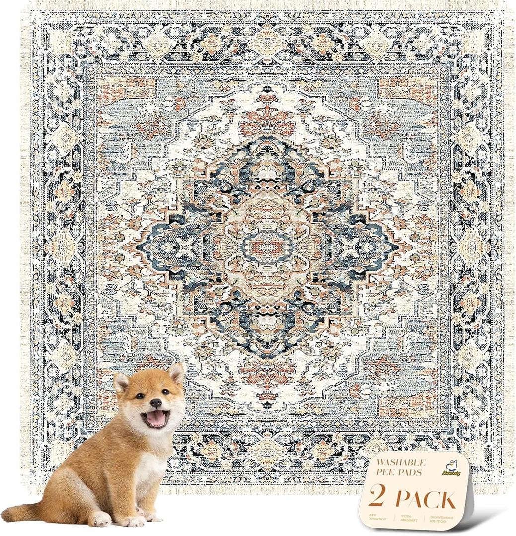 nunubaby Washable Pee Pads for Dogs, Stylish, Non-Slip and Leak-Proof Pee Pads. Reusable Potty Pads for Dogs for Crates and Floors.(Beige/Multi, 48" x48" ) (48x48 Inch (Pack of 2))