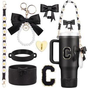 7Pcs Black Stanley Cup Accessories for 40Oz 30Oz 20Oz, Women Teen Girls Gifts, Stanley Tumbler Cup Decoration with Straw Topper, Bow Charm, Silicone Boot, Handle Strap, Letter Sticker C