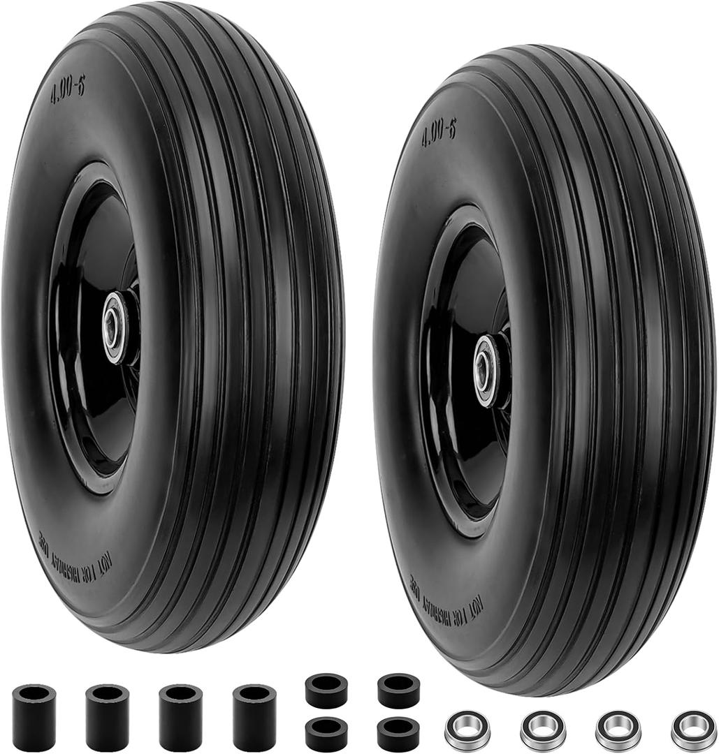 4.00-6 Flat-Free Solid Tire and Wheel 13" Wheelbarrow Tire by Cenipar With 3/4" & 5/8" Grease Bushing and 1.75" Centered Hub 4.00-6 tire and wheel for Garden Cart Trolley Hand Truck, 2 PC