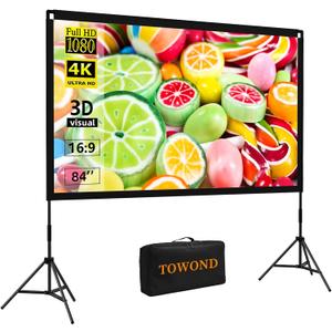 Projector Screen with Stand,84 inches Indoor Projector Screen Outdoor Portable 16:9 4K HD Rear Front Projection Movie Screen with Carry Bag Wrinkle-Free Design for Home Backyard Theater