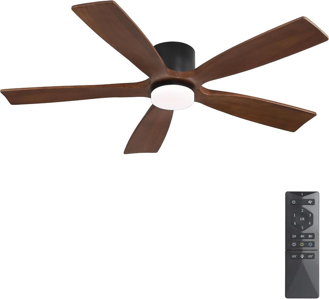 WINGBO 54" Flush Mount DC Ceiling Fans with Dimmable Light, 5 Carved Solid Wood Blade, 3CCT, 6-Speed Reversible DC Motor, Low Profile Hugger Ceiling Fan for Living Room Bedroom Patio, Black and Walnut