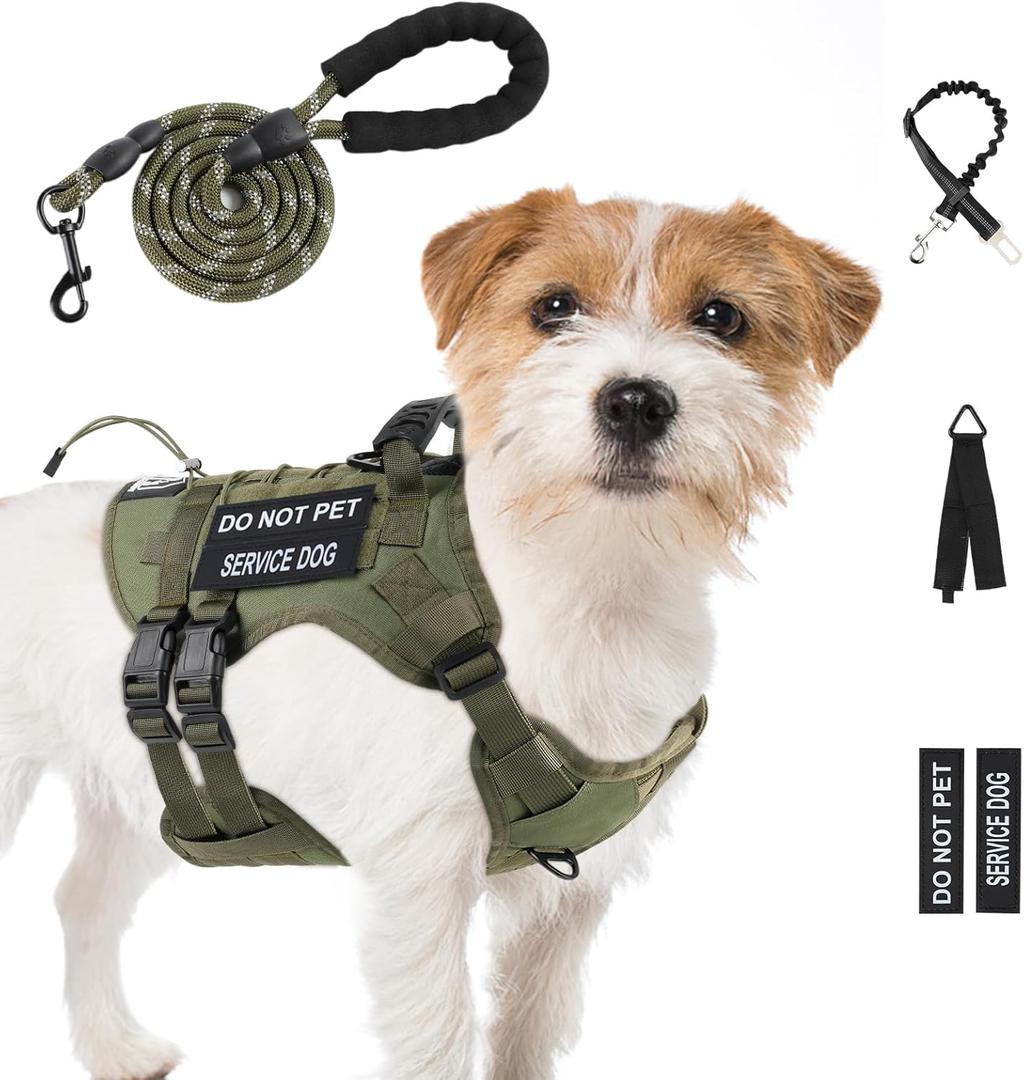 No Pull Tactical Dog Harness for Small Dogs, Escape Proof Molle Dog Vest Harness and Leash Set, Adjustable Military Service Dog Harness with Handle for Medium Large Dogs (Green, S)