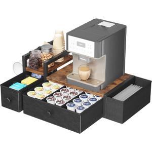 Homeiju Coffee Pod Drawers - K Cup Organizer, Nespresso Pods Holder with Mug Rack, Coffee Holder for Countertop, 52 Capacity Pods, Suitable for Kitchens, Offices and Coffee Bars(Brown)