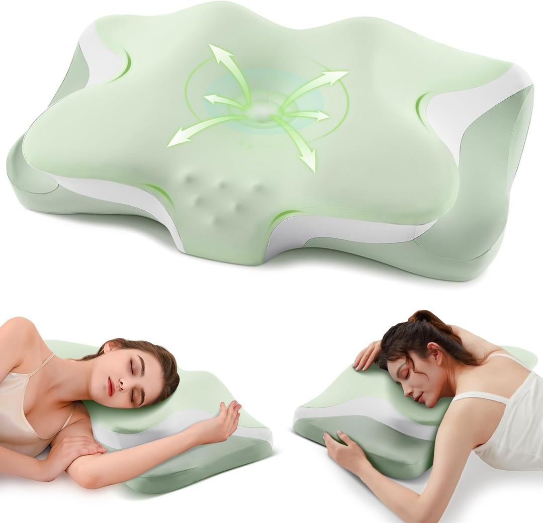 Cervical Neck Pillow, Cooling Ergonomic Memory Foam Pillows for Deep Sleep with Luxury Washable Pillowcase, Contour Orthopedic Neck Support Bed Pillows for Side Back Stomach Sleepers Queen Size-Green