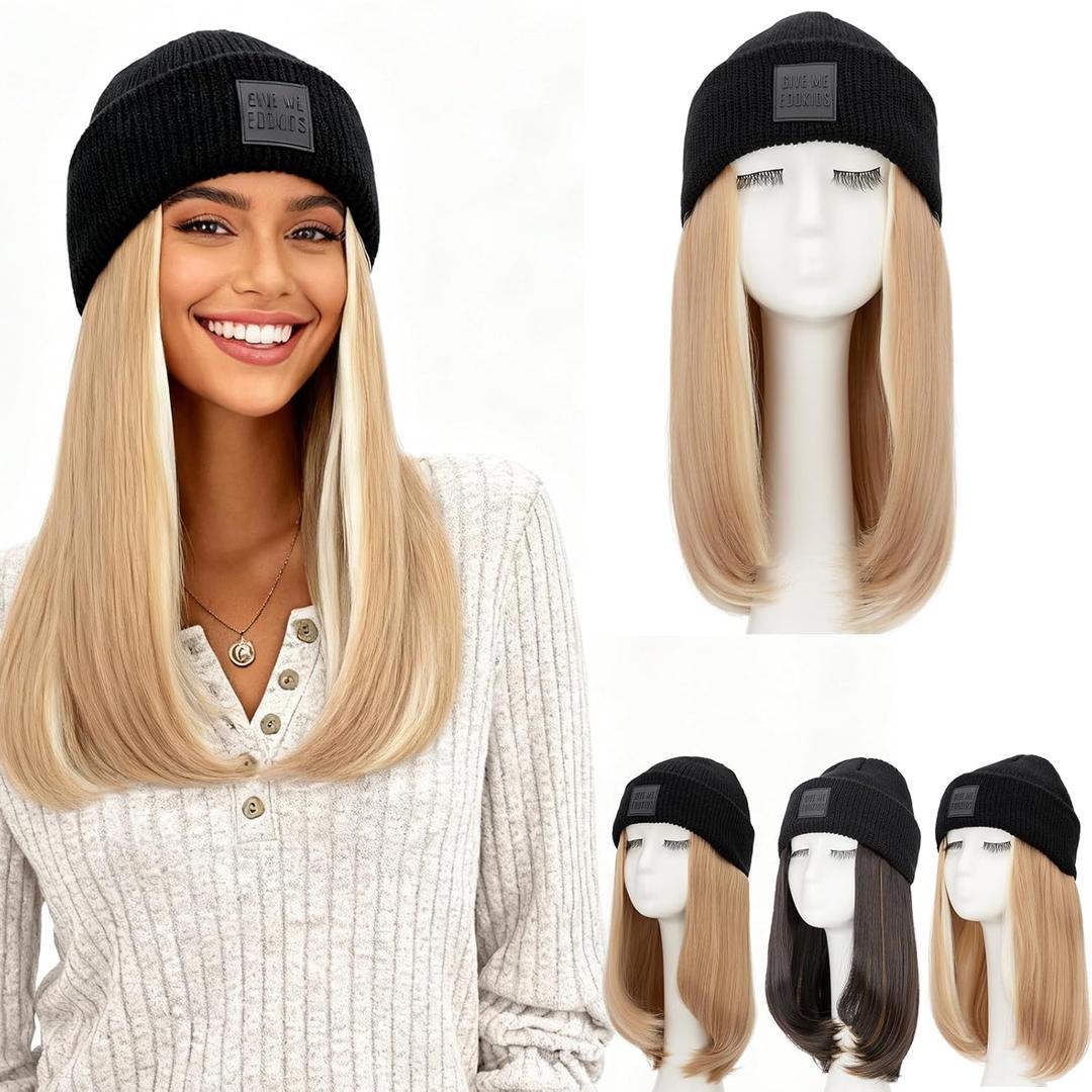 S-noilite Beanie Wig Hat with Hair Attached for Women Knitted Beanie Wig Winter Warm Hat Hair Extentions with 11" Straight Hair Synthetic Hairpiece for Women Girls(18",#18P613 Blonde Highlighted)