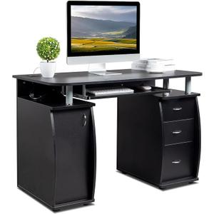 Karl home MDF Computer Desk with Strip Socket, Home Office Desk Writing Desk, Office Table with 3 Drawers and Storage Cabinet for Studio, Apartment, Coffee, Black
