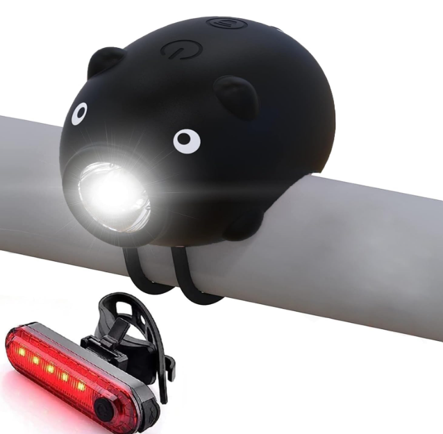 Kids Bike Lights for Night Riding, Girls Bike Horn and Light 2 in 1, Rechargeable Bike Scooter Headlight and Tail Light Set for Boys Adults, 3 Lighting Mode, Cute Bicycle Accessories (Black)