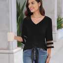 Women's V Neck Mesh Panel Sleeve Tops Tie Knot Hem Tops 2025 Summer Casual Blouses 3/4 Bell Sleeve Loose Shirt (Black, M)