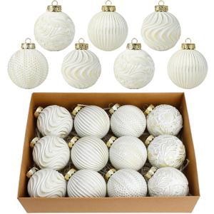 White and Gold Christmas Ornaments Set, 12 Pcs 3.15 inches Christmas Tree Decorations Large Shatterproof Vintage Neutral Farmhouse Xmas Ornaments for Christmas Tree Home Decor Indoor Outdoor