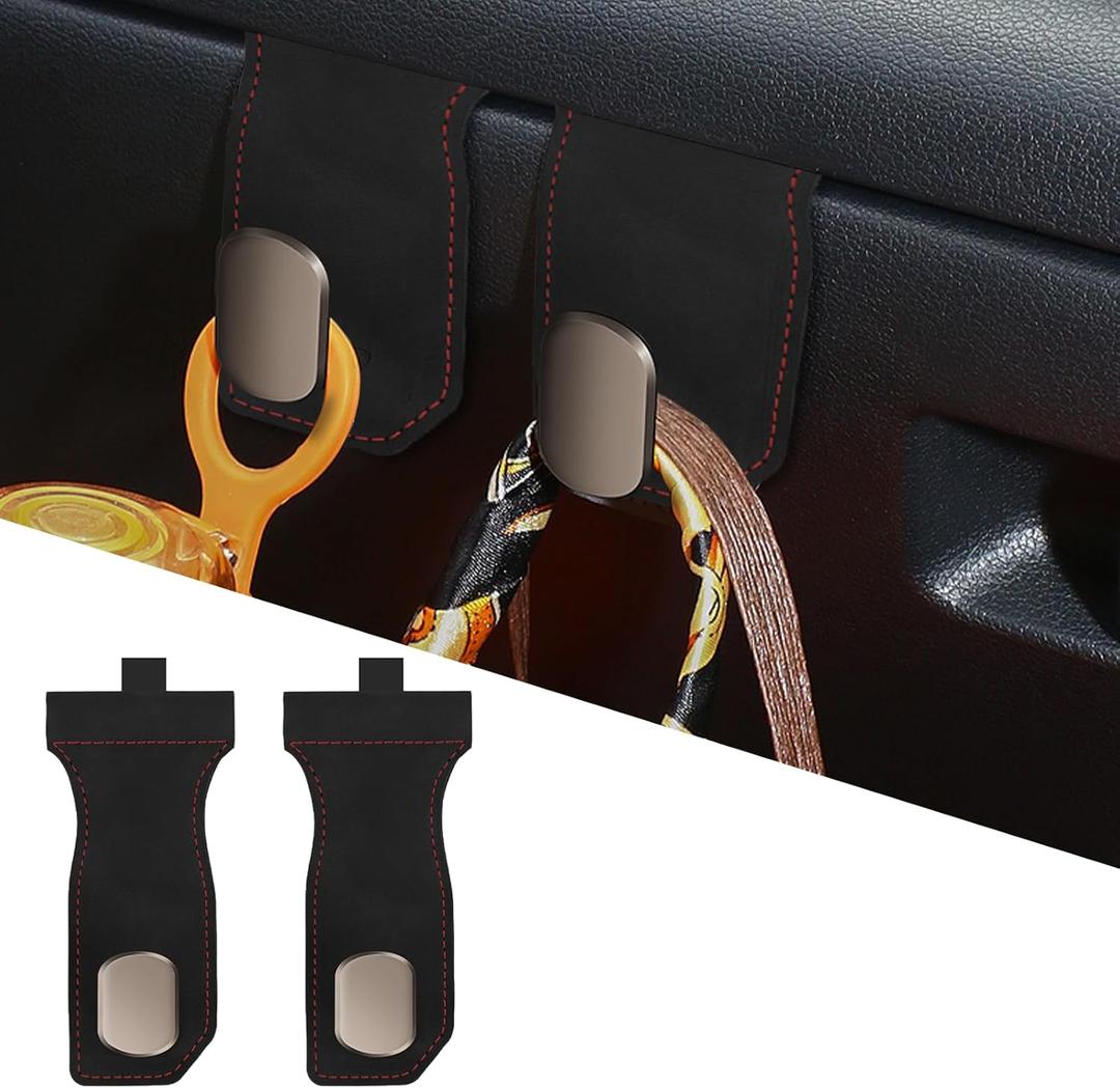 Adorila Car Glove Box Purse Hooks (2 Pack) - Vegan Leather Dashboard Hanger for Handbag & Grocery Bags, No-Adhesive Passenger Seat Organizer (Black)