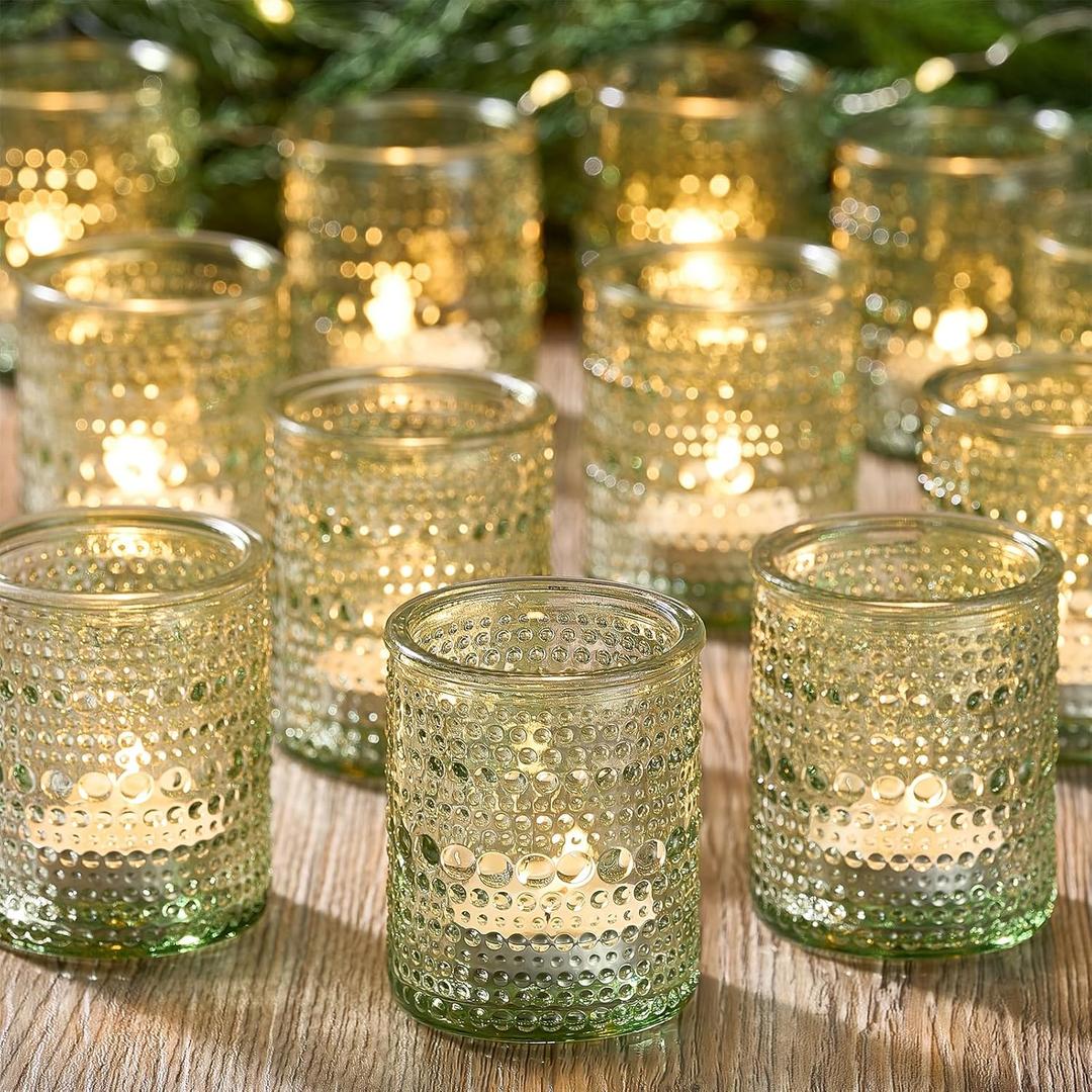24 Pack Clear Glass Votive Candle Holders, Vintage Candle Holder for Floating Candle, Tealight Candle Holder for Table Centerpieces Home Bridal Shower Birthday Christmas Table Decoration (Green)