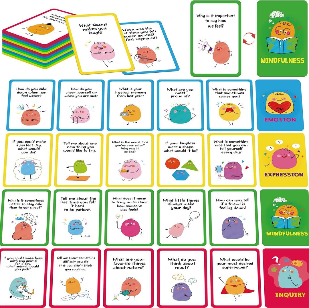 70 Conversation Cards, 4 Category Mindful Talk for Students, Authentic & Meaningful Question Cards for Parents, Kids, Classroom Activity & Road Trip - Improve Expression, Communication, Social Skill