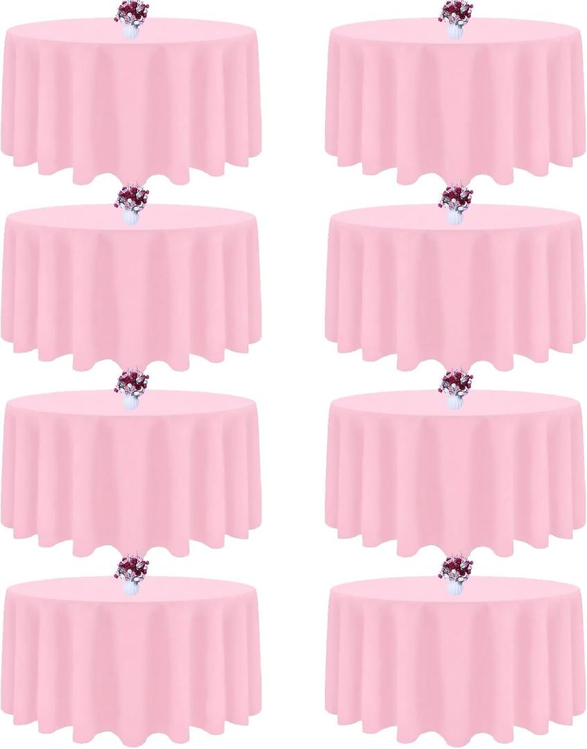 8 Packs 120 Inch Pink Round Tablecloth for Circle Tables, Washable Polyester Tablecloths, Wrinkle Resistant Table Cloth for Spring Wedding Party Banquet Dining