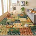 Flowers Patchwork Area Rugs for Living Room,Washable 5x7 Vintage Cottagecore Botanical Rug, Green Boho Carpet, Non-Slip Low Pile Rug for Bedroom Dining Room Office Home Hardwood Floor