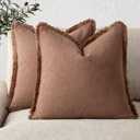 Foindtower Set of 2 Decorative Linen Fringe Throw Pillow Covers Cozy Boho Farmhouse Cushion Cover with Tassels Soft Accent Pillowcase for Couch Chair Sofa Bed Living Home Decor,1818 Inch,Rust