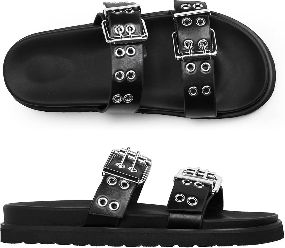 Modatope Womens Flat Sandals for Women Double Buckle Adjustable Slide Sandals Slip On Open Toe Platform Sandals (8)