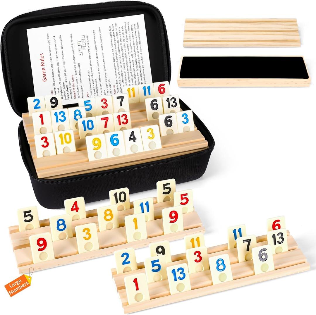 Rummy Cube Set, 2026 New 6 Player Edition with 6 Wooden Racks/Trays, 160 Large Numbers Rummy Melamine Tiles with Zippered Case, Rummy Travel Game Set - Classic Board Games for Family Adults Kids