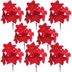 WISTART 8 Pack Christmas Artificial Poinsettia Flowers Velvet Plastic Floral Bouquet Small 7 Head Silk Red Shrub Fake Flowers Arrangement for Winter Indoor Outdoor Home Porch Xmas Holiday Decor